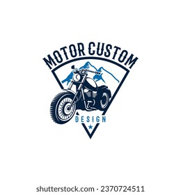 Vintage motorcycle emblem with mountain backdrop graphic design for automotive industry