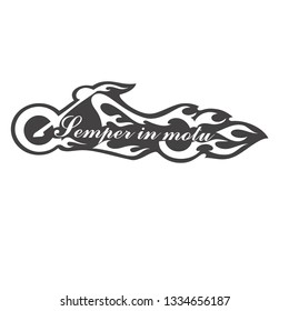 Vintage motorcycle emblem. Motorcycle with wings. Semper in motu. Vector illustration.