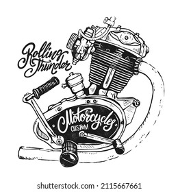 Vintage Motorcycle Engine hand drawn vector print design