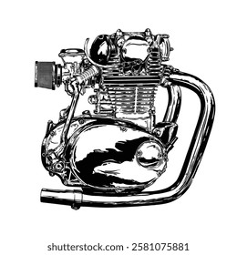 Vintage Motorcycle Engine on white background, monochrome style, art for t-shirt, poster, club, and banner