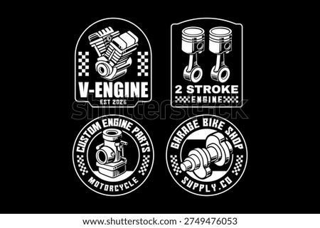 Vintage Motorcycle Engine Parts Emblems Badges Set. Retro Garage Logo with V-Twin Engine, Pistons and Crankshaft Vector Design Collection