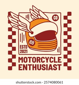 Vintage Motorcycle Enthusiast Illustration with Winged Helmet and Racing Checkered Elements.