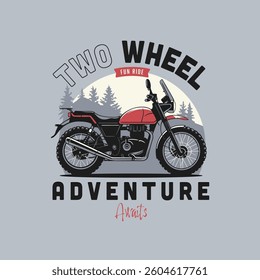 Vintage motorcycle graphic featuring a red tank, pine trees, moon, and bold typography about exploration.