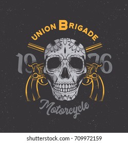 Vintage motorcycle graphics. Biker t-shirt. Motorcycle emblem. Monochrome skull. Vector illustration