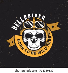 Vintage motorcycle graphics. Motorcycle emblem. Monochrome skull. Vector illustration