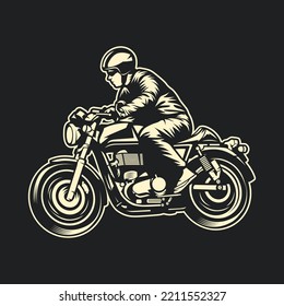 Vintage motorcycle. Hand drawn motorbike. Vector illustration. Hand drawing of man riding a classic cafe racer motorcycle