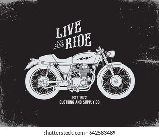 vintage motorcycle hand drawn vector with typography for t-shirt graphic, clothing apparel.
