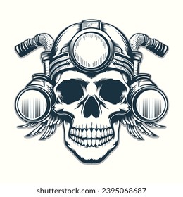Vintage Motorcycle headlight with skull and wings hand drawing vector design