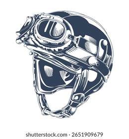 Vintage motorcycle helmet with classic goggles vector illustration, retro biker gear with leather straps and visor, isolated artwork for poster, apparel, or decor