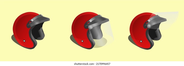 Vintage Motorcycle Helmet. Different Point Of View Classic Motorcycle Helmet In Plain Red Color, Isolated Vector Illustration