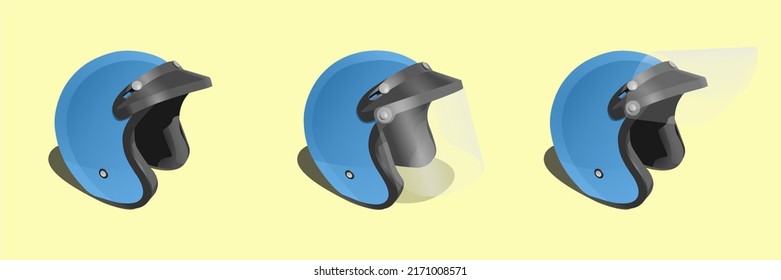 Vintage Motorcycle Helmet. Different Point Of View Classic Motorcycle Helmet In Plain Blue Color, Isolated Vector Illustration