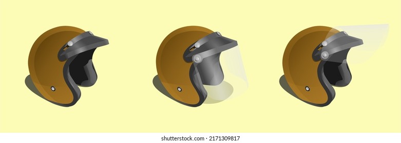 Vintage Motorcycle Helmet. Different Point Of View Classic Motorcycle Helmet In Plain Brown Color, Isolated Vector Illustration