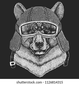 Vintage motorcycle hemlet. Retro style illustration with animal biker for children, kids clothing, t-shirts. Fashion print with cool character. Speed and freedom.