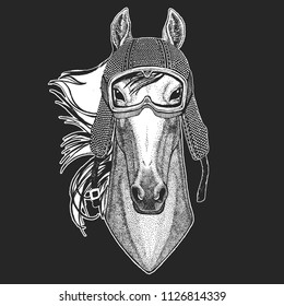 Vintage motorcycle hemlet. Retro style illustration with animal biker for children, kids clothing, t-shirts. Fashion print with cool character. Speed and freedom.
