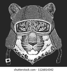 Vintage motorcycle hemlet. Retro style illustration with animal biker for children, kids clothing, t-shirts. Fashion print with cool character. Speed and freedom.