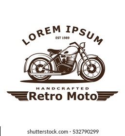 Vintage motorcycle illustration, logo, poster printing. Retro Moto Classics icon. Illustration of the  print for clothing. Icon for transport retro shops of stylish bike logo.