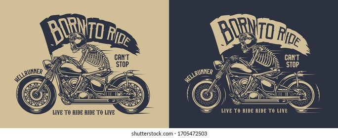 Vintage motorcycle label of skeleton in moto helmet and goggles riding motorbike with flag with Born To Ride inscription isolated vector illustration