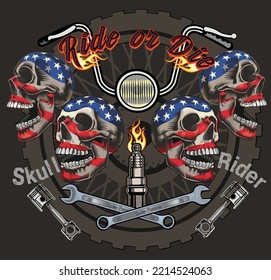 Vintage motorcycle label with skull and American Flag