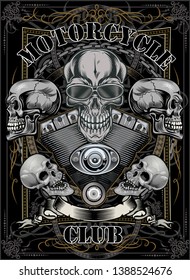 Vintage motorcycle label. Skull and Motor