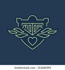 Vintage motorcycle labels, badges or design elements with heart and fire. Vector logo template in line style.
