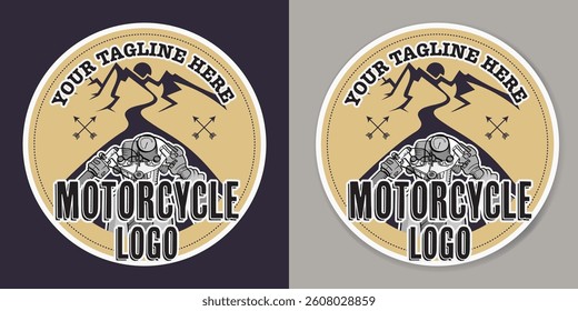 Vintage motorcycle logo template. A circular design features a tan background, mountains, and a motorcycle engine illustration.  
