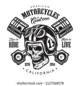 Vintage motorcycle logo template with skull racer in helmet and crossed engine pistons isolated vector illustration