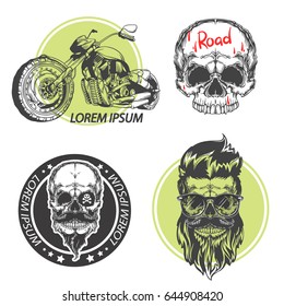 Vintage motorcycle logotype with skull with eyeglasses and motorbike. Vector illustration isolated on white background