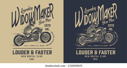 Vintage motorcycle monochrome badge with letterings and skeleton motorcyclist riding motorbike on light and dark backgrounds isolated vector illustration