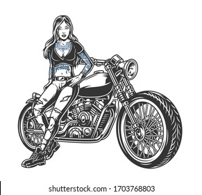 Vintage motorcycle monochrome concept with brutal biker girl standing near motorbike isolated vector illustration