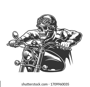Vintage motorcycle monochrome concept with skull in helmet and goggles riding motorbike isolated vector illustration