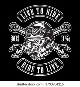 Vintage motorcycle monochrome label with crossed wrenches and cruel wild boar head in biker helmet isolated vector illustration