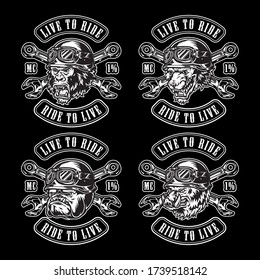 Vintage motorcycle monochrome prints with inscriptions crossed spanners and angry gorilla wild boar bulldog wolf heads in biker helmets and goggles isolated vector illustration
