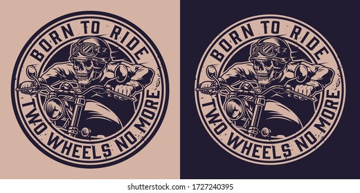 Vintage motorcycle monochrome round print with letterings and skeleton in biker helmet riding motorbike isolated vector illustration