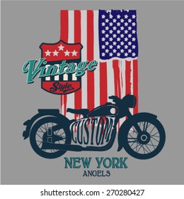 Vintage motorcycle from New York. T-Shirt Design. Vector textile illustration. Cell Phone Case graphic.