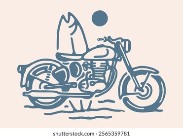 Vintage motorcycle on the beach with surfboard