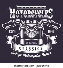 Vintage motorcycle print. Monochrome on dark background