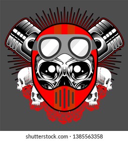 Vintage motorcycle print with skull in motorcycle helmet and crossed pistons vector