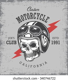 Vintage motorcycle print with skull in motorcycle helmet on grange background.