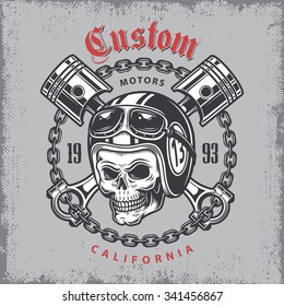 Vintage motorcycle print with skull in motorcycle helmet and crossed pistons on grange background.