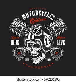 Vintage motorcycle print with skull in motorcycle helmet and crossed pistons and typography.