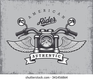 Vintage motorcycle print with motorcycle, wings and ribbon on grange background.