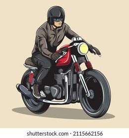 Vintage motorcycle a racer bike. Print with motorbike, old chopper with custom wheels. Apparel for ride on the country.