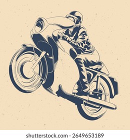 Vintage Motorcycle Racer Illustration – Retro Biker with Helmet on Classic Faired Racing Bike in Aerodynamic Posture, Monochrome Ink Drawing for Old School Designs