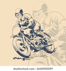 Vintage Motorcycle Racing Illustration with Retro Biker, Classic Motorbike Rider Drawing