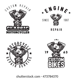 Vintage motorcycle repair logos, motorbike service emblems, badges, labels with moto engine