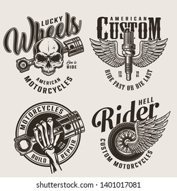 Vintage motorcycle repair service emblems with skull skeleton hand holding engine piston winged spark plug and moto wheel isolated vector illustration