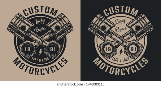 Vintage motorcycle repair service label with inscriptions and crossed pistons isolated vector illustration