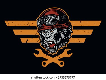 Vintage motorcycle repair service label with angry gorilla head in biker helmet and goggles and crossed spanners isolated vector illustration