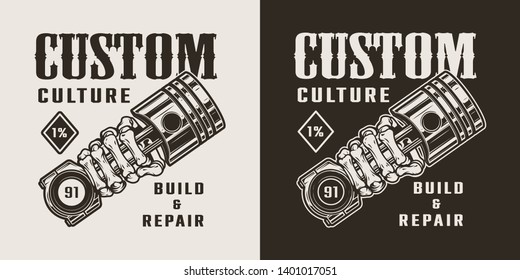 Vintage motorcycle repair service logotype with skeleton hand holding engine piston isolated vector illustration