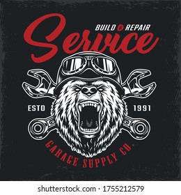 Vintage motorcycle repair service logotype with crossed spanners and ferocious bear head in biker helmet isolated vector illustration